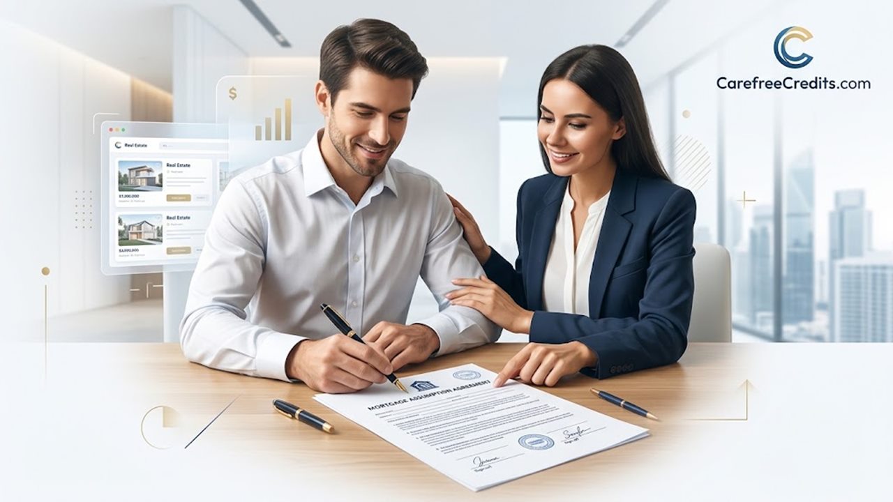 Home buyer signing an assumable mortgage assumption agreement at a desk