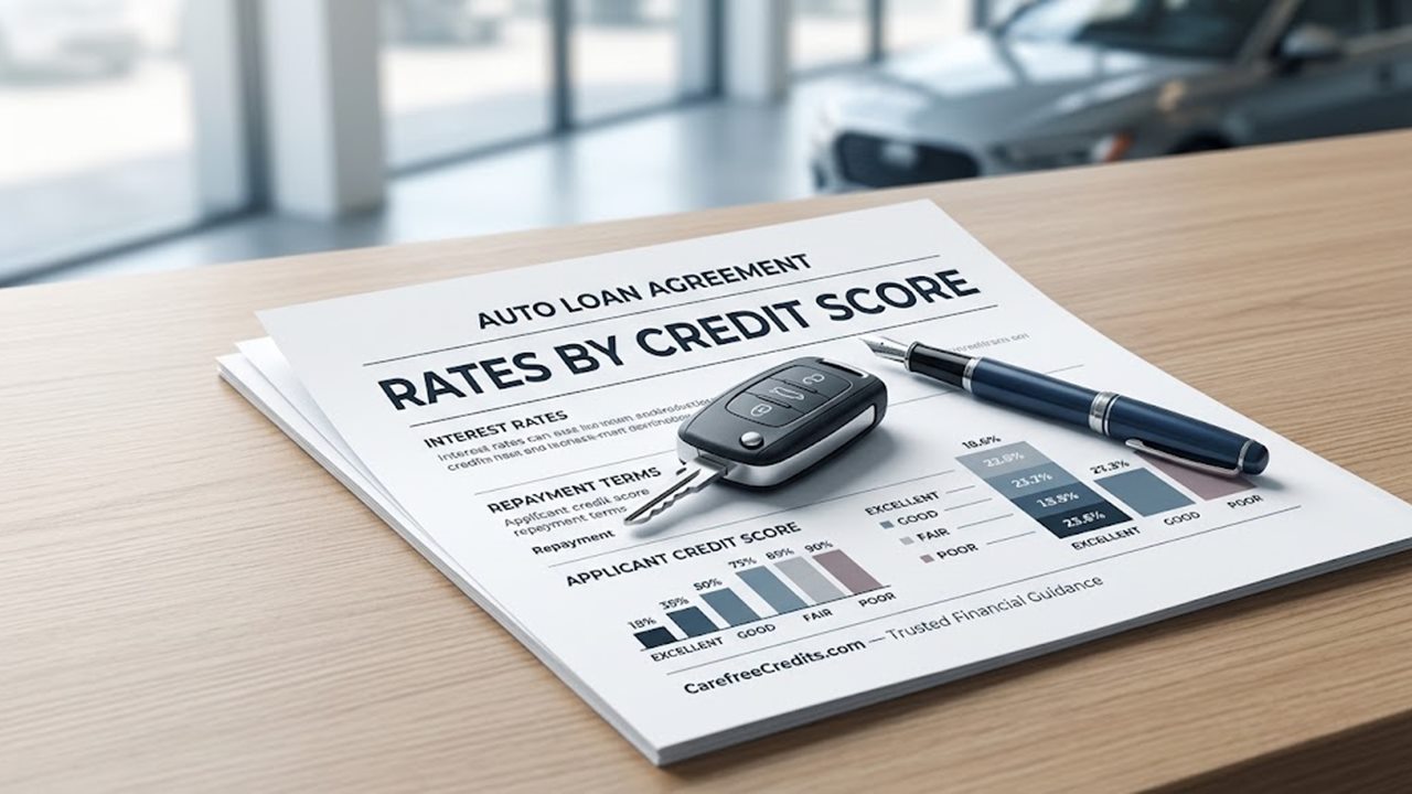 Car keys on an auto loan agreement showing interest rates by credit score at a dealership