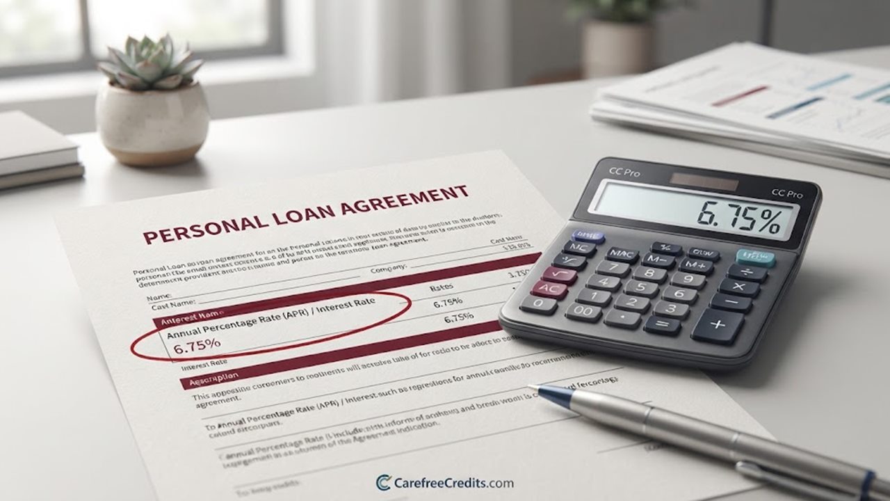 Personal loan agreement with the APR circled next to a calculator showing 6.75%