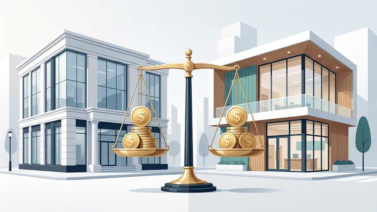 Bank vs credit union: a classic bank building and a modern credit union branch with a balanced scale of coins