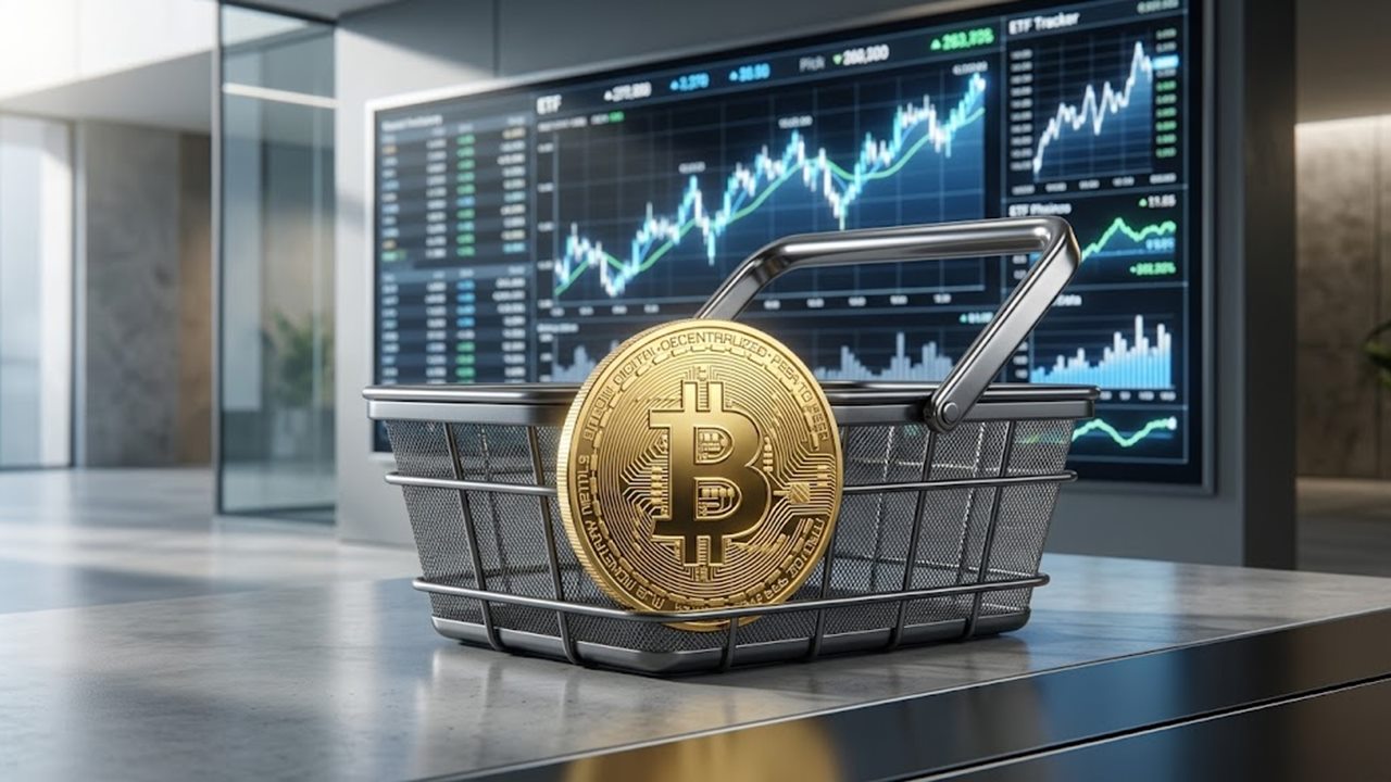 Bitcoin symbol next to a stock exchange ticker board showing ETF prices