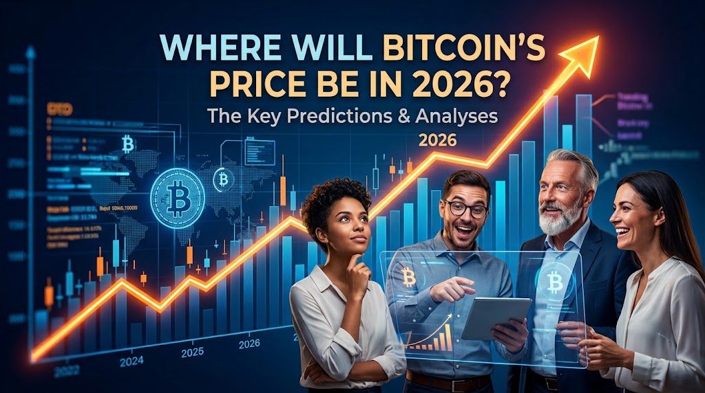 Bitcoin coin in front of a rising and falling price forecast chart