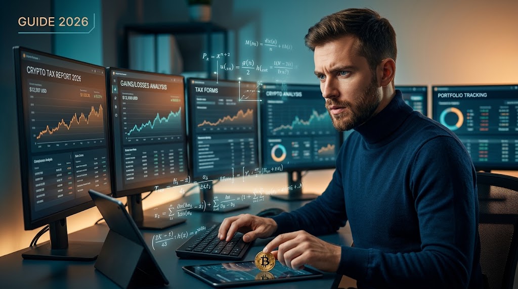 Bitcoin coins on top of tax forms and a calculator