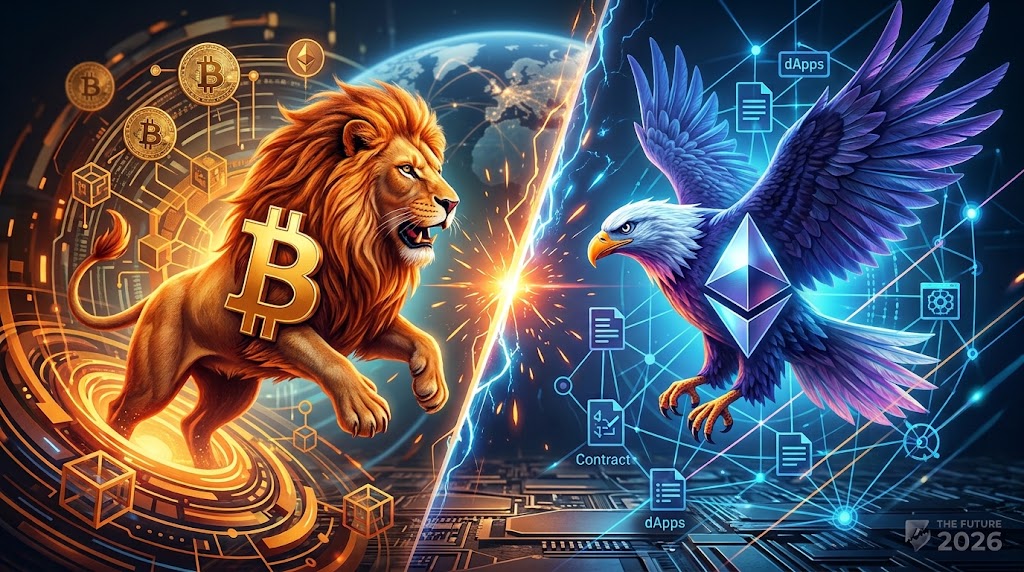 Bitcoin and Ethereum coins side by side on a dark background