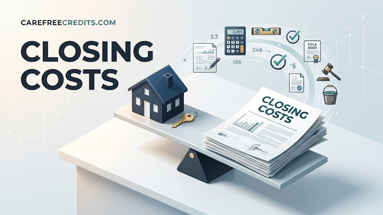 House model and key balanced against a stack of closing costs documents