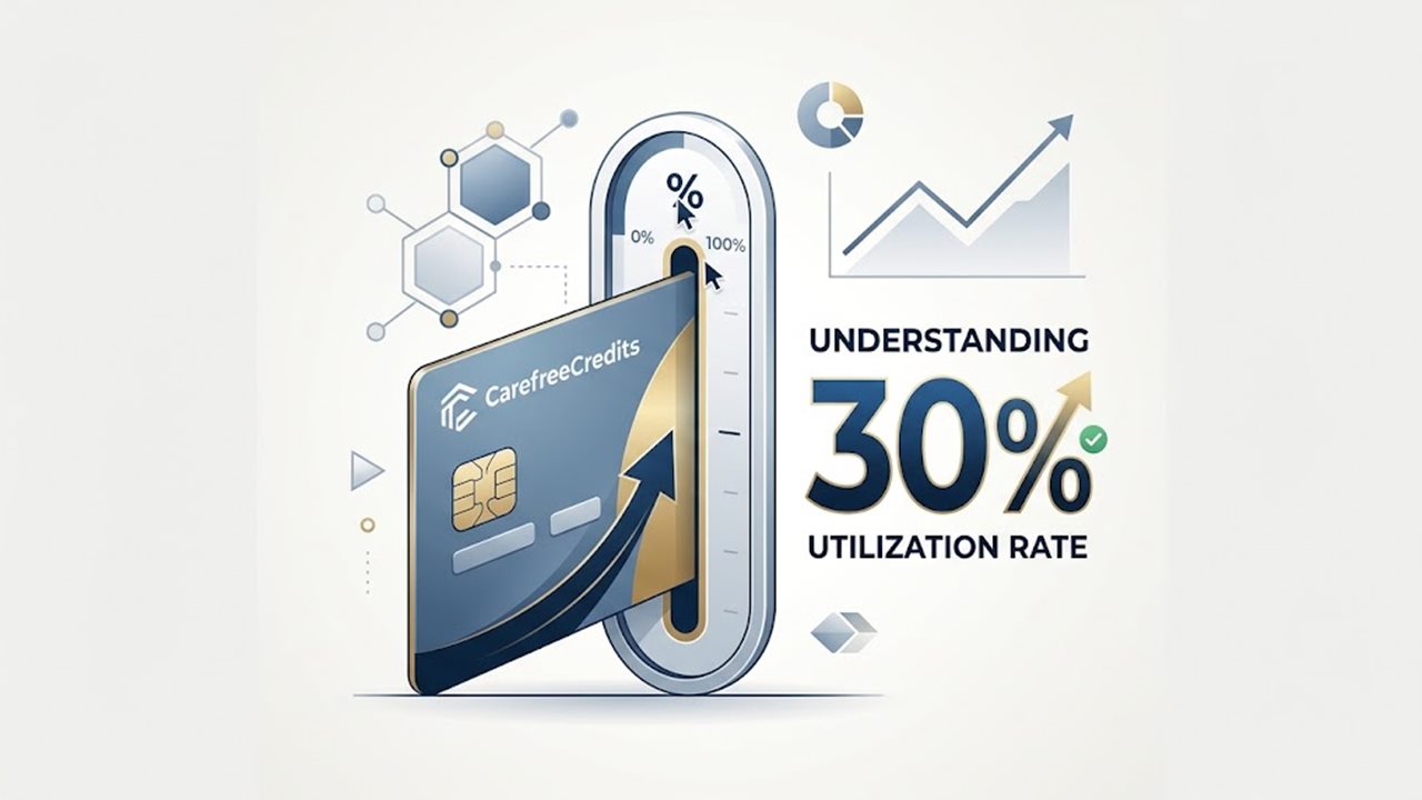 Credit card next to a gauge marking a 30% credit card utilization rate