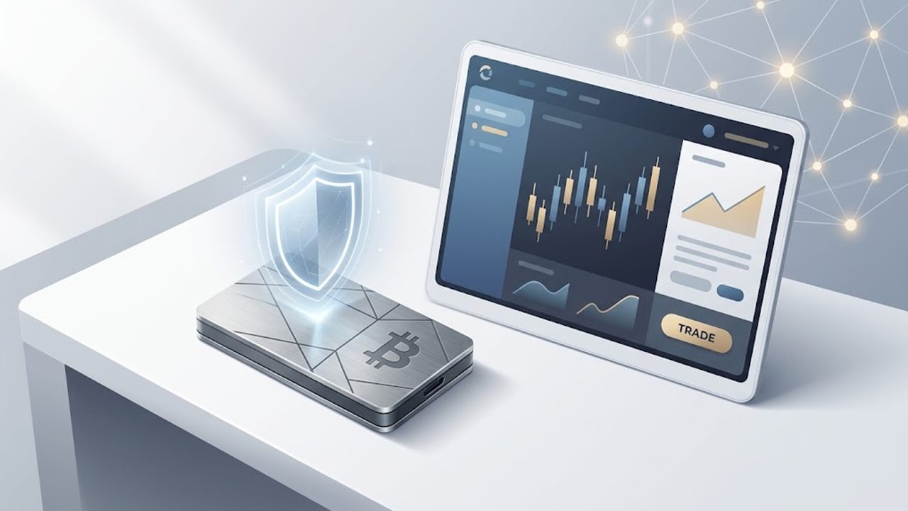 Crypto wallet vs exchange: a hardware wallet with a shield next to a tablet showing an exchange trading screen