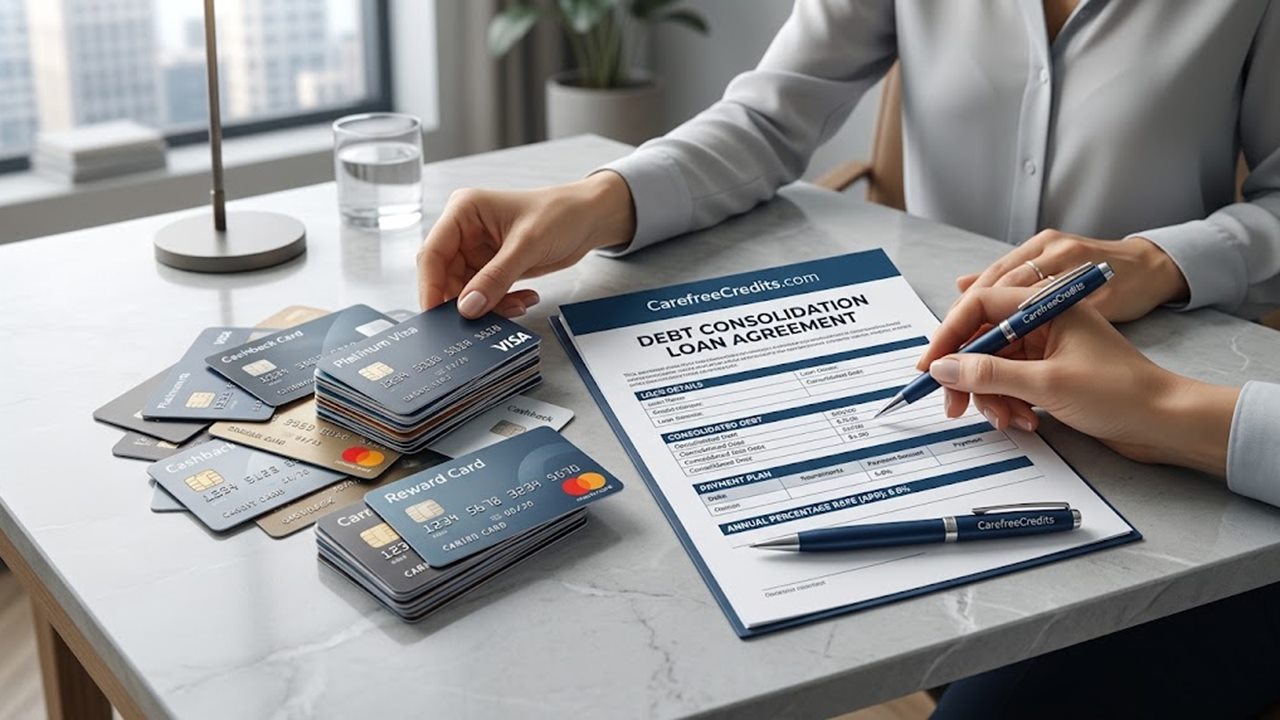 Person signing a debt consolidation loan agreement next to a pile of credit cards