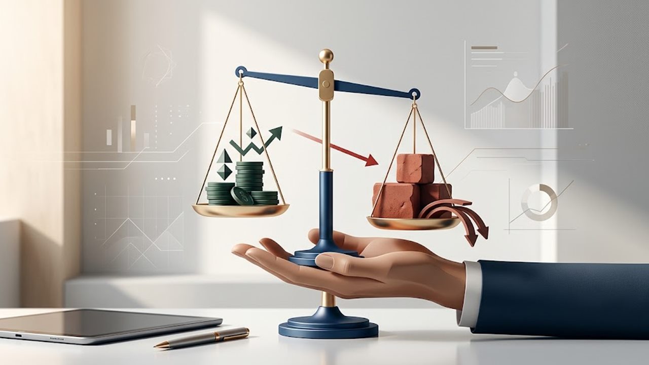 Balance scale weighing income coins against debt bricks to show a debt-to-income ratio