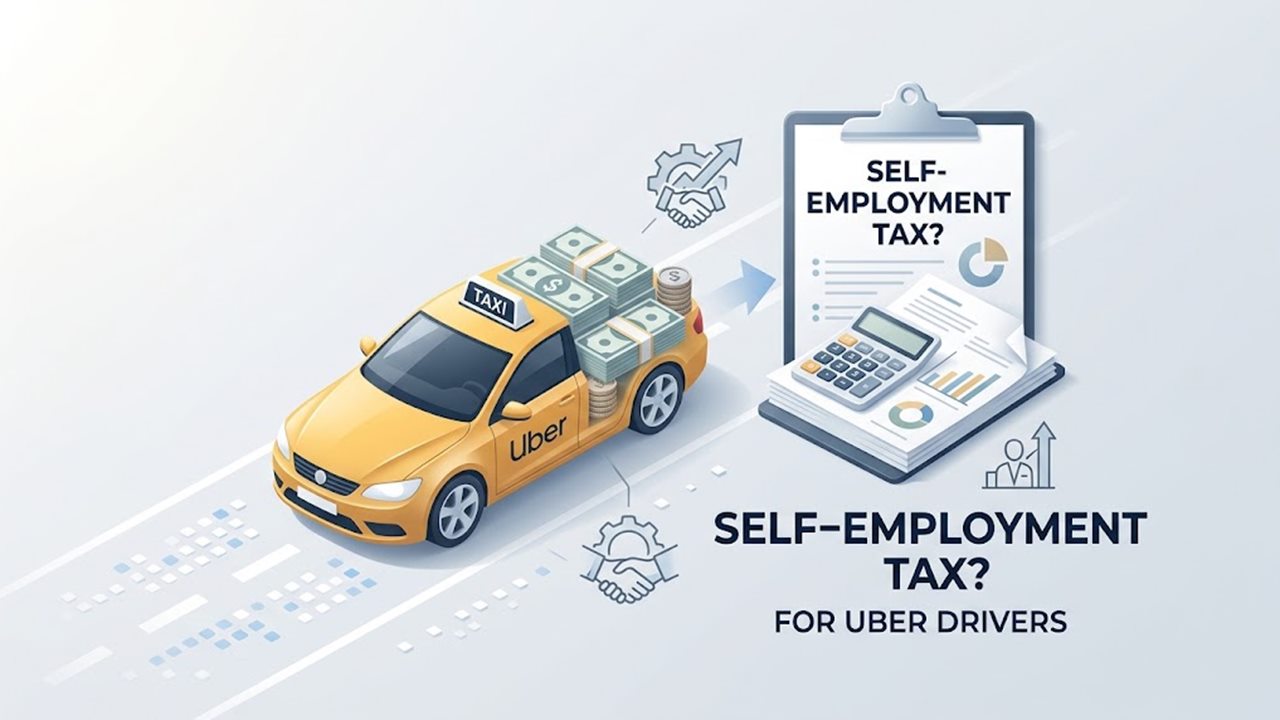 Self-employment tax for Uber drivers: car loaded with cash next to a clipboard and calculator