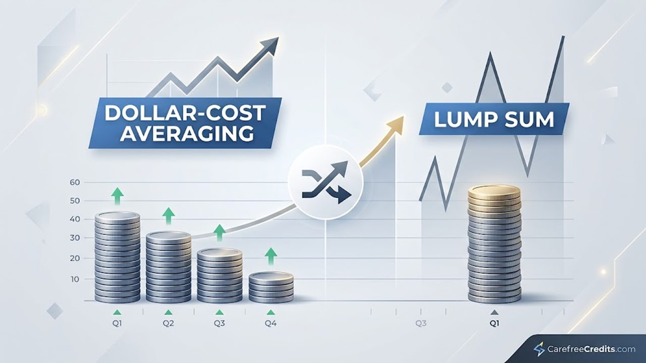 Coin stacks comparing dollar-cost averaging over four quarters with one lump-sum investment