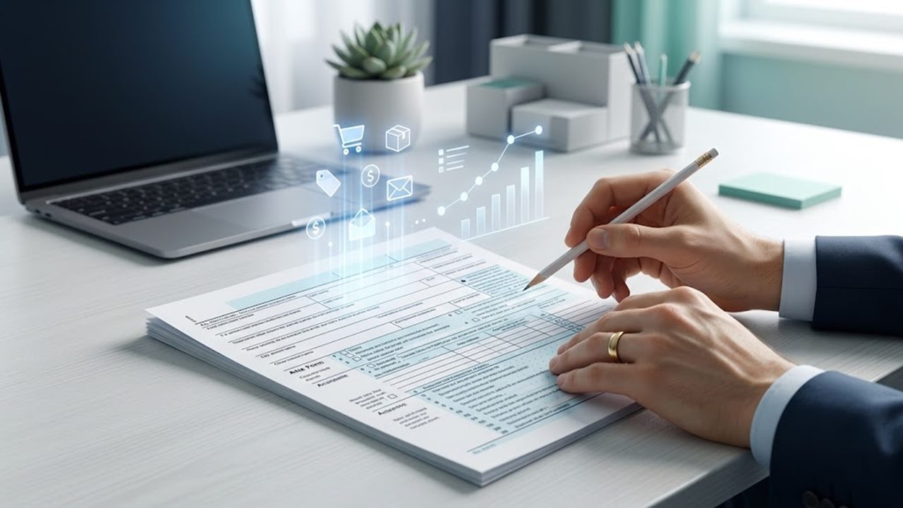 Seller filling out a tax form for eBay 1099-K income with shopping and shipping icons above it