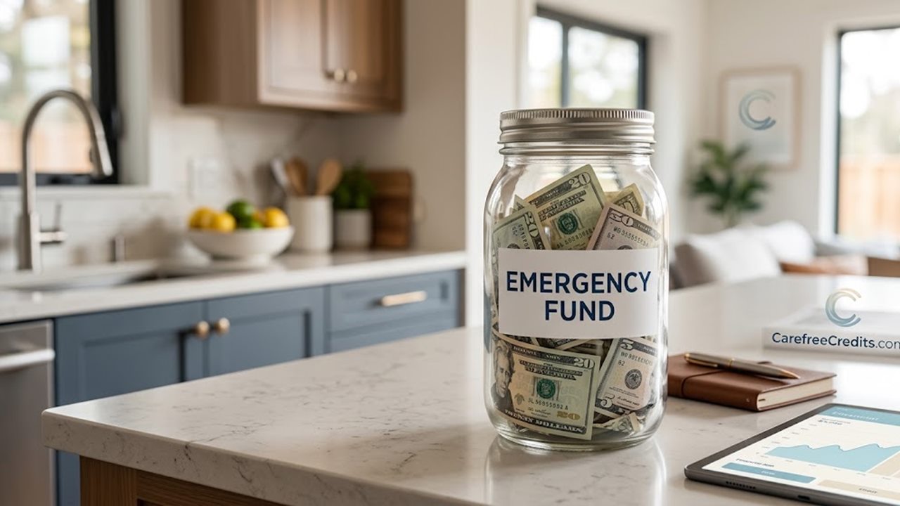 Jar labeled emergency fund filled with dollar bills on a kitchen counter
