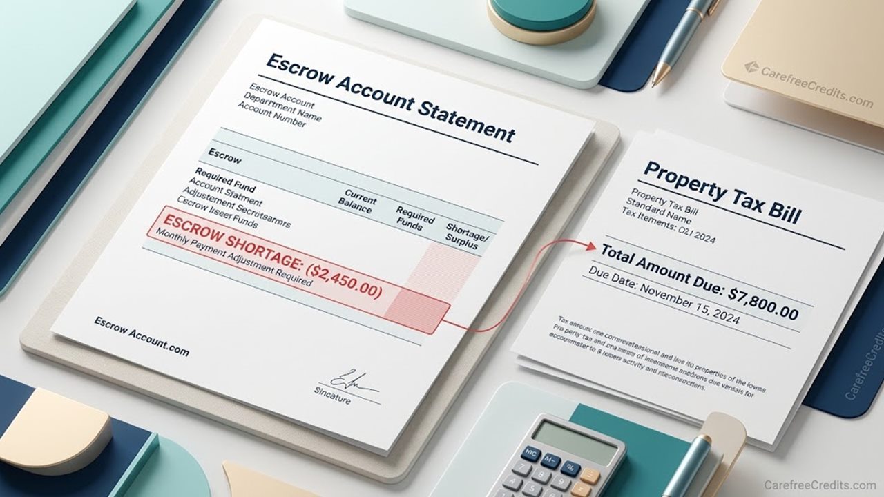 Mortgage escrow account statement showing an escrow shortage next to a property tax bill