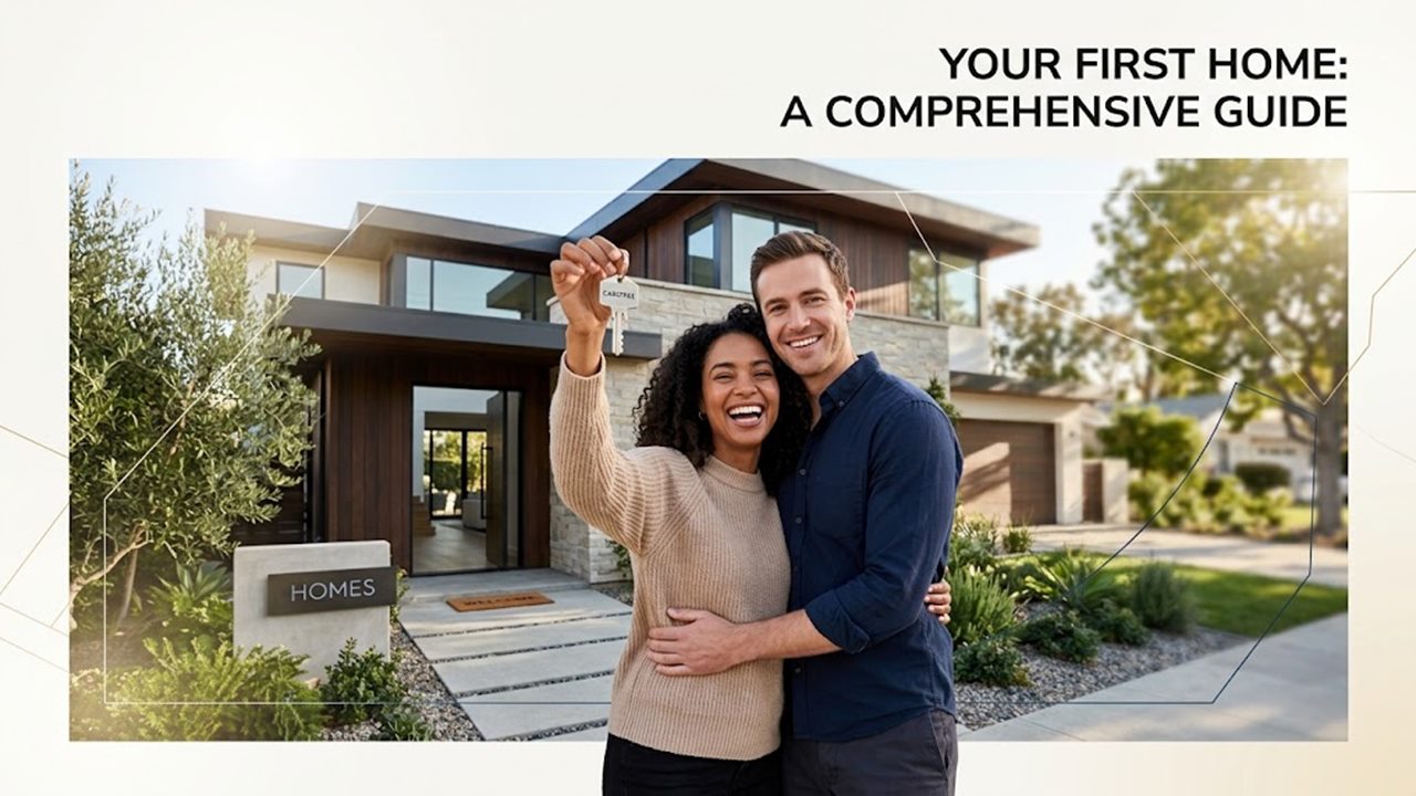 First-time home buyers holding up the keys in front of their new house
