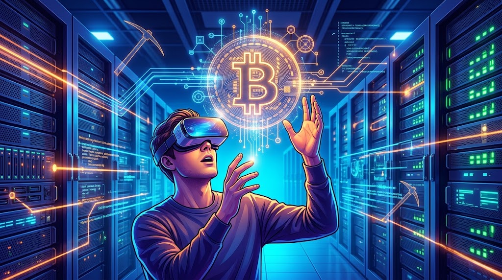 Rows of Bitcoin mining machines in a data center