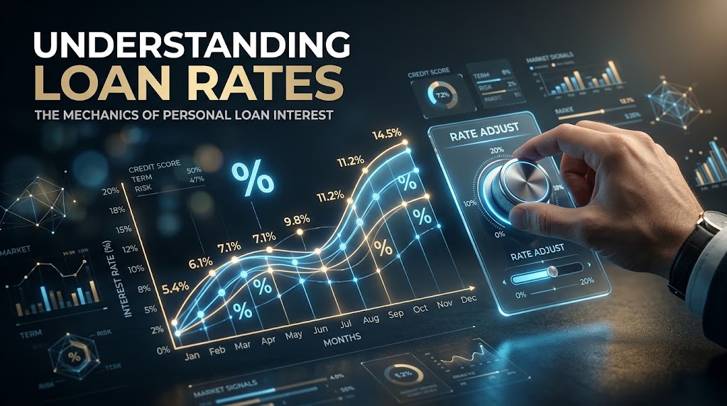 Abstract illustration of a percentage symbol and rising bars for loan rates