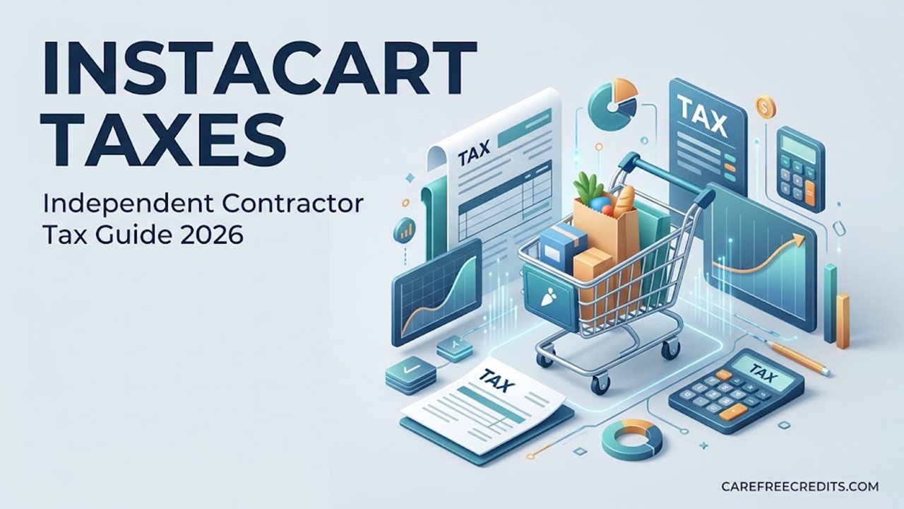 Instacart taxes: grocery cart surrounded by tax forms, charts and a calculator