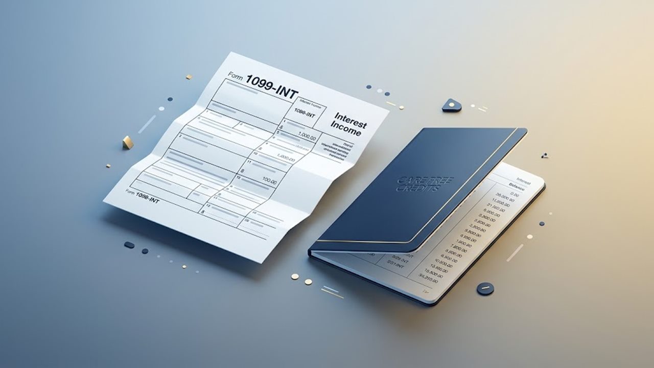 Form 1099-INT reporting taxable savings interest next to a savings passbook