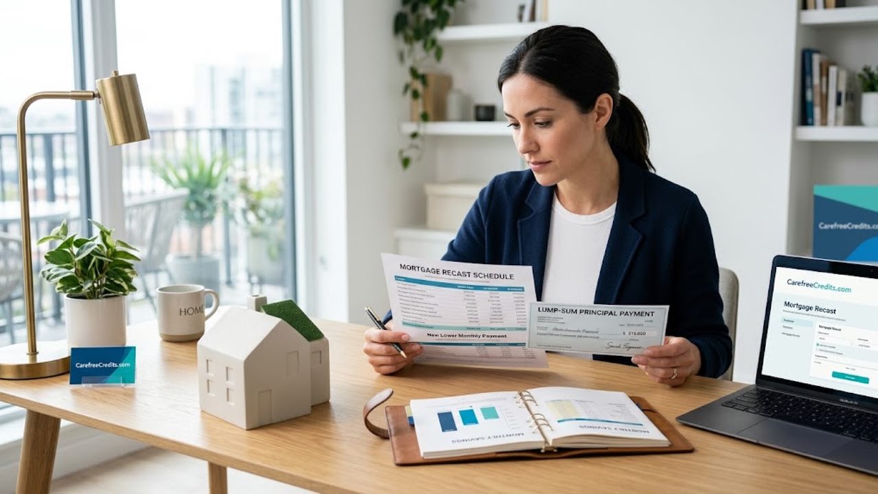Homeowner reviewing a mortgage recast schedule and a lump-sum principal payment