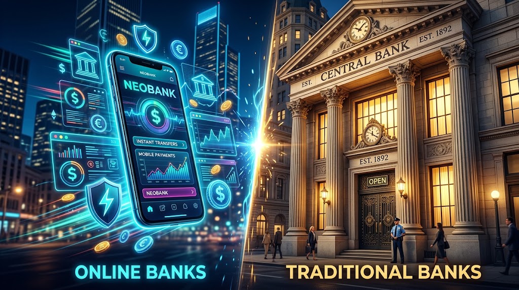 Abstract illustration of a bank building and rising bars