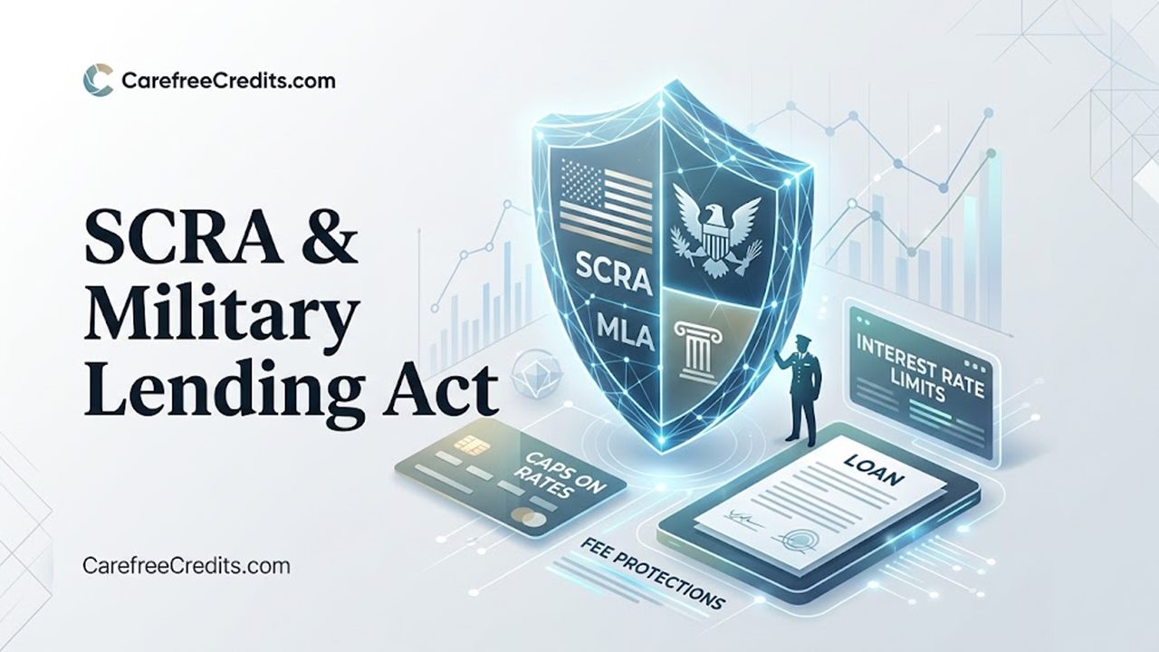 SCRA and Military Lending Act graphic: shield protecting a service member's loan with rate caps