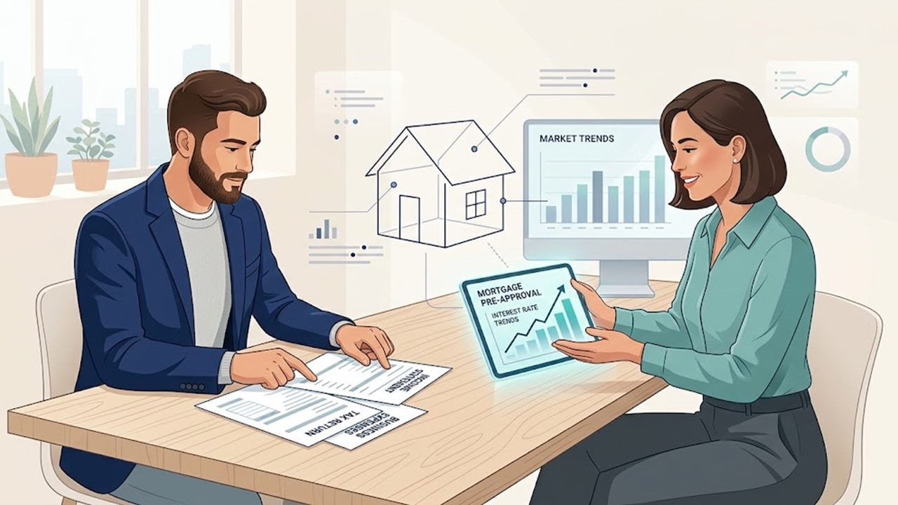 Self-employed home buyer reviewing tax returns with a mortgage lender