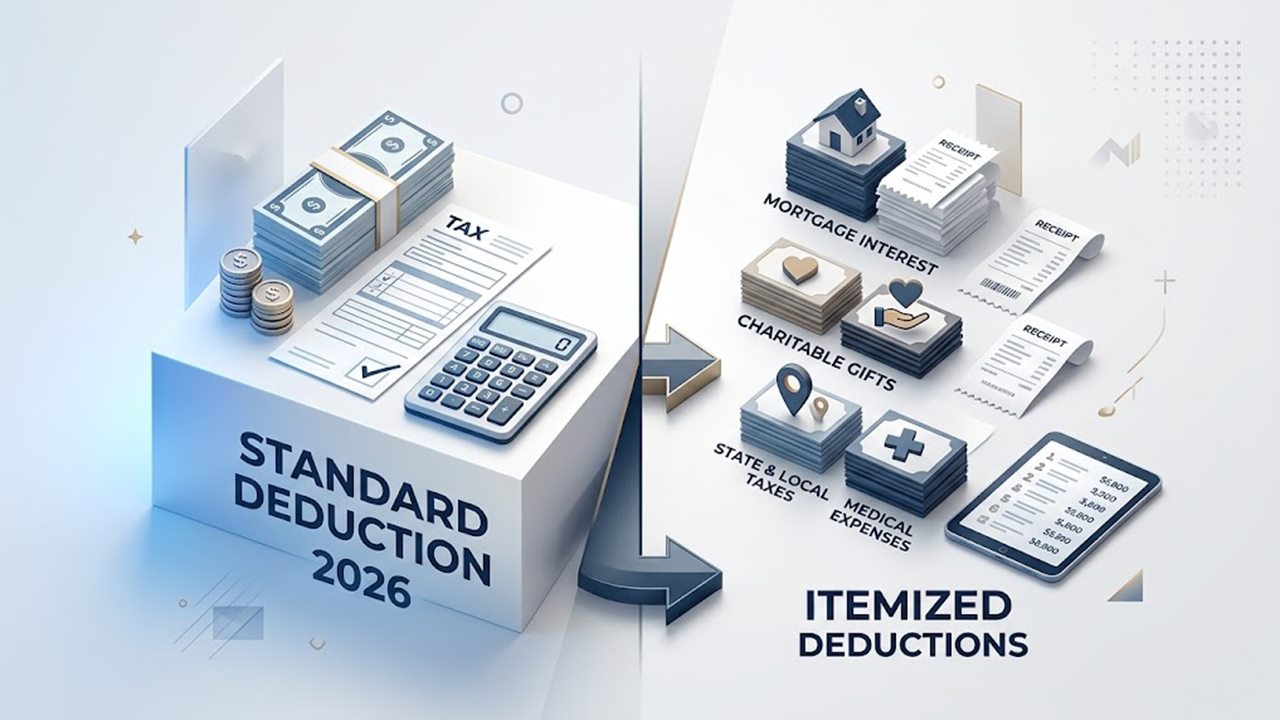 Standard deduction 2026 box with a tax form compared with itemized deductions for mortgage interest, charity, state taxes and medical costs