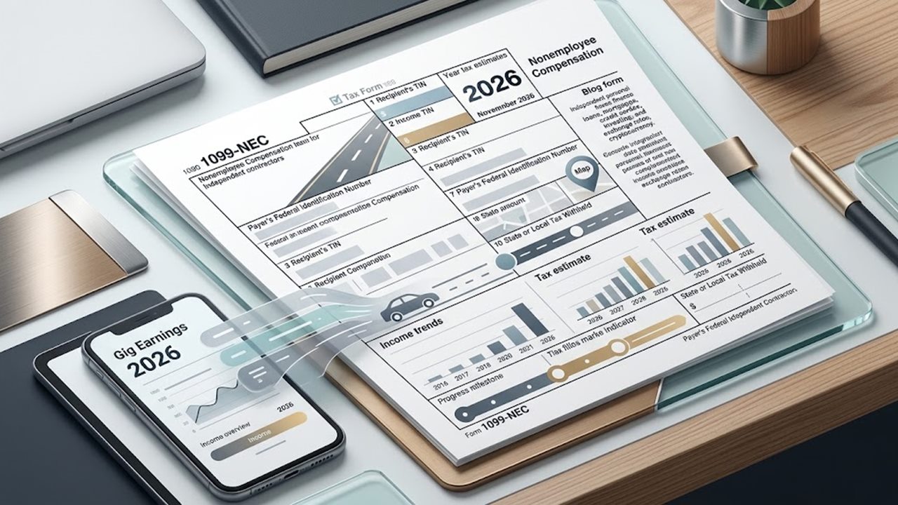 Uber 1099 taxes: Form 1099-NEC for nonemployee compensation next to a phone with gig earnings