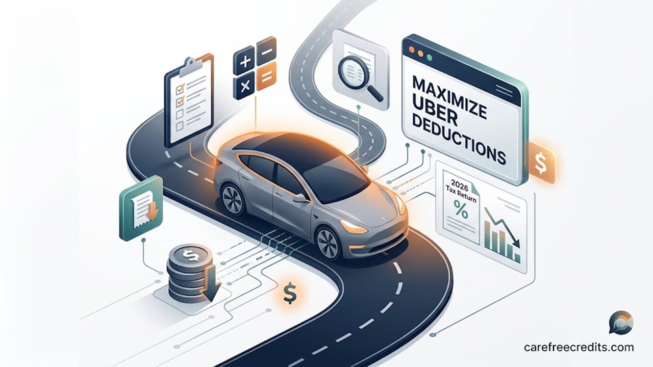 Uber car expense deductions: car on a road surrounded by receipts, a checklist and a tax return