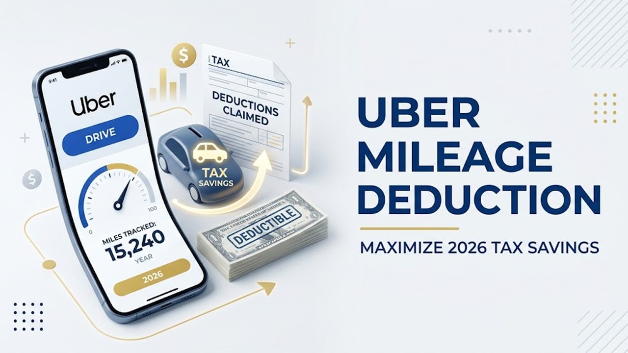 Uber mileage deduction: phone tracking business miles next to deductible cash and a tax form