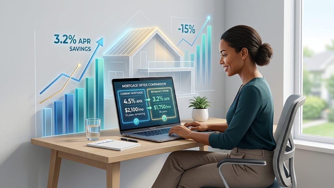 Homeowner comparing her current mortgage with a refinance offer on a laptop
