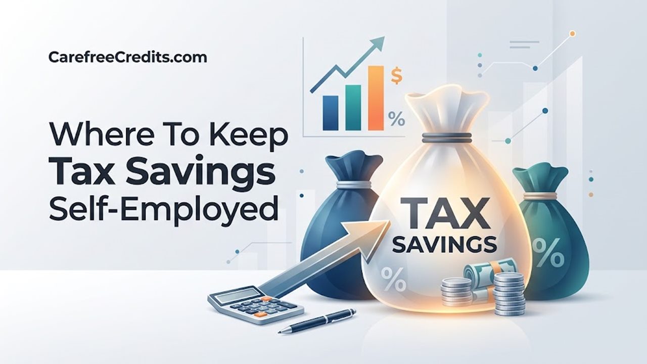 Where self-employed people keep tax savings: money bags labeled tax savings with a calculator